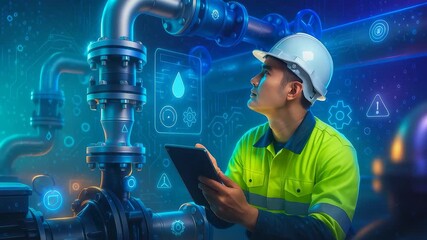 Engineer using a tablet to inspect pipes and check digital data, with augmented technology overlay in an industrial environment for smart maintenance. - Powered by Adobe