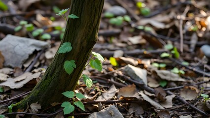 Fototapeta premium Vibrant Green Spring Vine Emerging from Mossy Tree Trunk, Forest Floor Detail, Natural Light