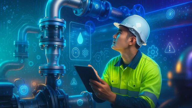 Engineer using a tablet to inspect pipes and check digital data, with augmented technology overlay in an industrial environment for smart maintenance.