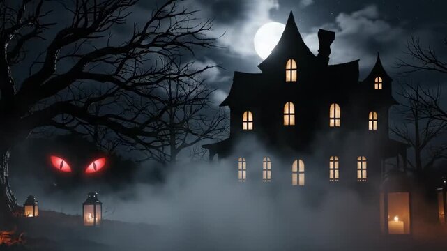 Haunted house halloween spooky night background creepy scene with glowing eyes and lanterns
