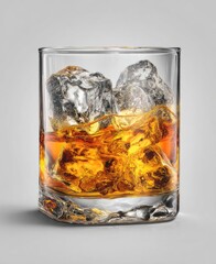 Clear glass tumbler with amber liquid and ice cubes