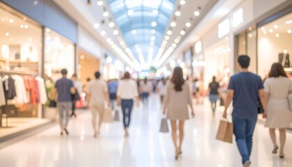 Blurred shoppers walking in a modern shopping mall.
