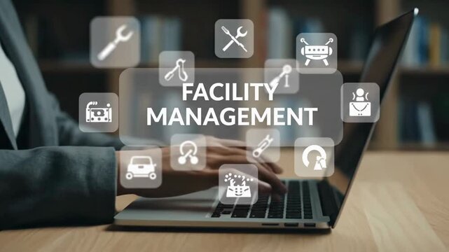 Facility Manager Using a Laptop for Building Operations and Maintenance.