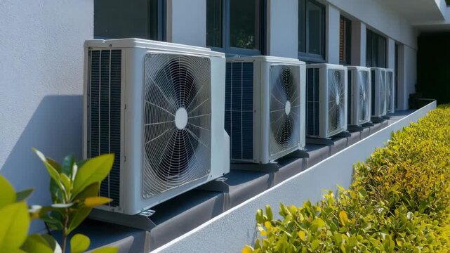 Air conditioning outdoor unit installed modern building exterior with green bushes and plants nearby, showcasing energy efficiency, ventilation, fan technology, and advanced HVAC cooling system sunny