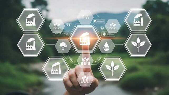 Hand touching eia interface with factory, tree, water drop, and plant icons on blurred background