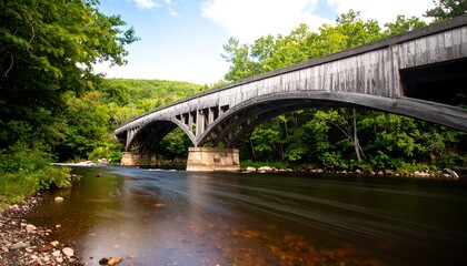 Fototapeta premium Wooden arch bridge over a flowing river