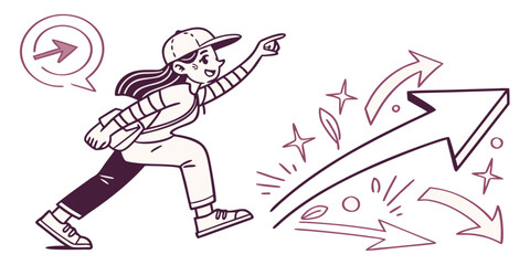 Hand drawn doodle art vector curved arrow modern set