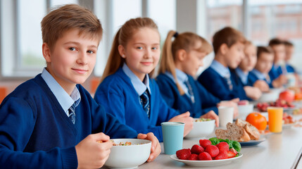 Children enjoying breakfast together in blue uniforms at a school dining hall during morning hours