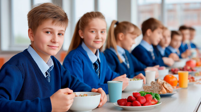 Children enjoying breakfast together in blue uniforms at a school dining hall during morning hours