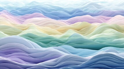 Obraz premium Colorful wave pattern with smooth gradient in pastel hues and flowing curves across a serene landscape