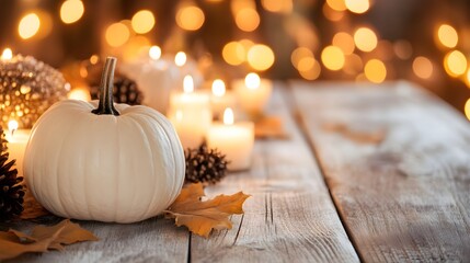 Elegant Halloween Dinner Table with White Pumpkins, Candles perfect for seasonal home decor inspiration, autumn event invitations, festive lifestyle photography, and cozy holiday marketing campaigns
