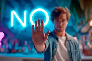 Man firmly declines alcohol at a vibrant bar in the evening, showcasing a moment of personal choice and self-control