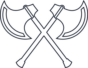 Vector outline of crossed axes icon, perfect for rustic woodcutting logos, Viking symbols, hunting emblems, and wilderness branding.