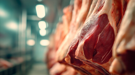 Beef carcasses hanging in a meat processing facility showcasing butchering and preservation methods
