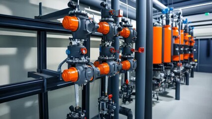 Industrial piping system featuring orange actuators and valves in clean mechanical room with modern equipment, fluid control, automation, and mechanical valve actuator system integration