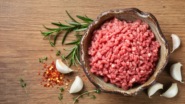 Raw ground meat in ceramic bowl with garlic, rosemary and chili flakes on wooden table. Fresh cooking ingredients. - Powered by Adobe