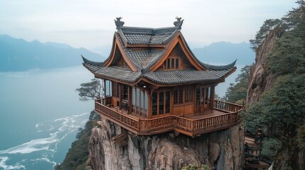Obraz premium Breathtaking cliffside temple above roaring ocean cinematic spiritual majesty