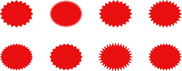 Set of sale sticker, price tag, starburst, sunburst badges, quality mark, sunburst badges, retro stars. Wavy edge. Star burst shape. Promo stickers with star edges. Sale or discount.