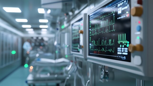 Monitoring patient vital signs in a hospital intensive care unit medical technology digital display healthcare environment close-up view patient care - Powered by Adobe