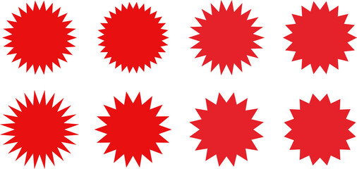 Set of sale sticker, price tag, starburst, sunburst badges, quality mark, sunburst badges, retro stars. Wavy edge. Star burst shape. Promo stickers with star edges. Sale or discount.