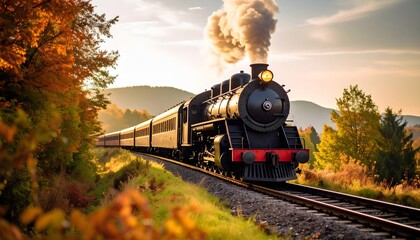 Vintage Steam Train Journeying Through Autumnal Landscape with Golden Sunlight