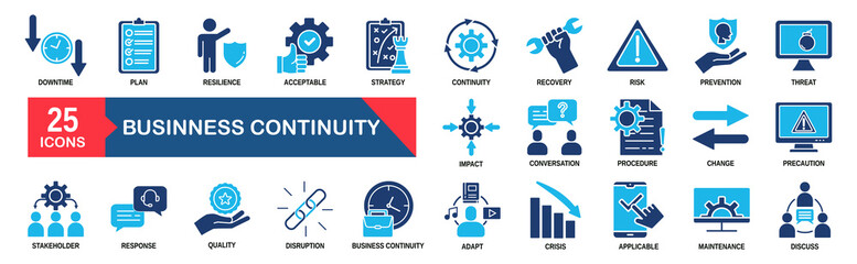 business continuity icon set collection in outline style. an icon pack contain downtime, plan, resilience, acceptable, strategy, continuity 