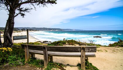 Obraz premium Wooden Bench Overlooking a Scenic Beach with Crashing Ocean Waves.