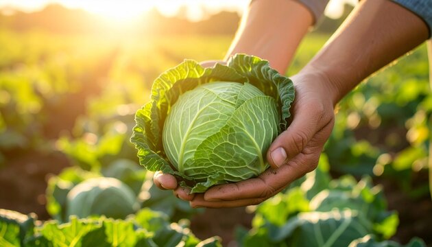 Freshly Harvested Cabbage Held in Hands at Sunset Farm.