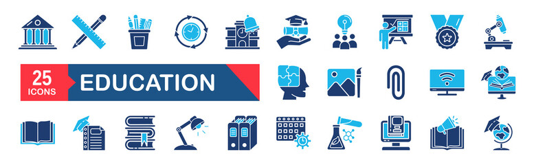 Education and Learning web icons set. Back to school. Containing school, success, university, textbook, learning, academic subjects and more. Simple web icons set