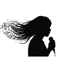 Silhouette of a singer with musical notes flowing from her hair.