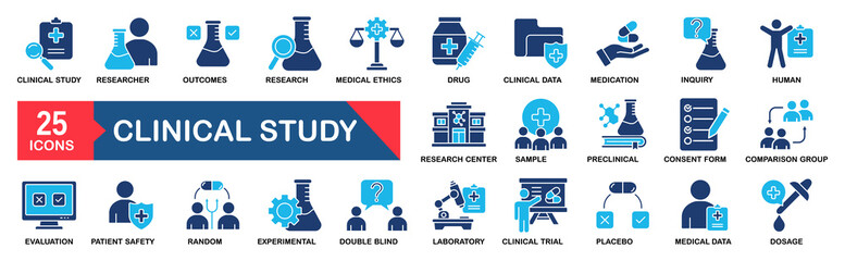 Clinical Study icon set. Research, clinical trial, laboratory, researcher, consent form, medication, experimental, analysis, clinical data and more. vector icons collection.�