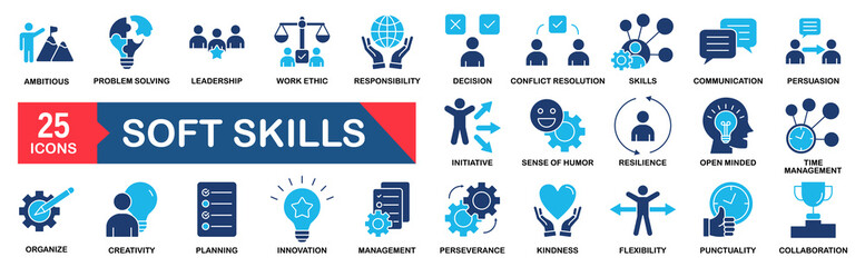 Soft skills icon set. Containing communication, teamwork, empathy, leadership, problem-solving, creativity, time management and work ethics icons.