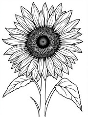 Fototapeta premium Minimilist detailed line art illustration of a sunflower with leaves and stem on a white background display 100 characters vector