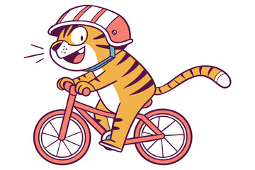 Funny cartoon tiger riding a bicycle with a helmet on 