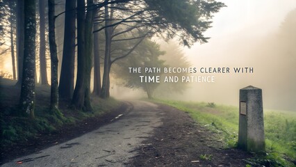 Serene Forest Path in Misty Morning with Inspirational Quote