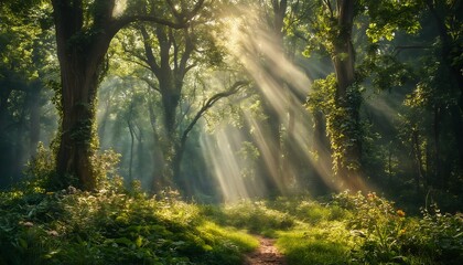Obraz premium a winding path through a lush green forest is illuminated by dramatic shafts of sunlight filtering through the dense canopy.