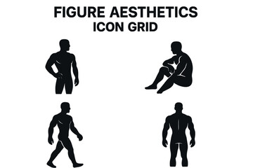 Naklejka premium Man silhouette icon set. Male figure poses vector collection. Muscular body aesthetics for fitness and gym. Standing, sitting, walking man. Anatomy model graphic element.