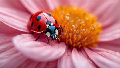 a vibrant ladybug delicately clings to the petals of a soft pink dahlia flower, its bright red shell contrasting beautifully with the flower's gentle hues.