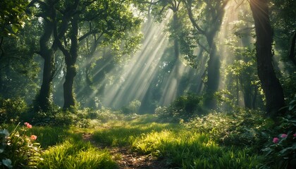 Obraz premium a sun-dappled forest path winds through lush greenery and wildflowers, illuminated by dramatic shafts of light filtering through the dense canopy.