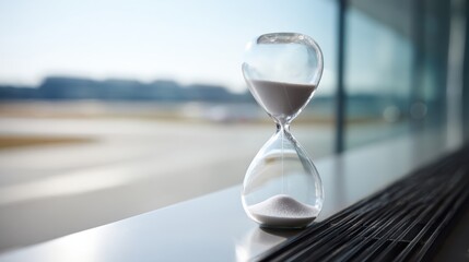 Hourglass sits on sleek surface, almost empty, symbolizing passage of time. background features blurred view of airport, evoking sense of urgency and anticipation