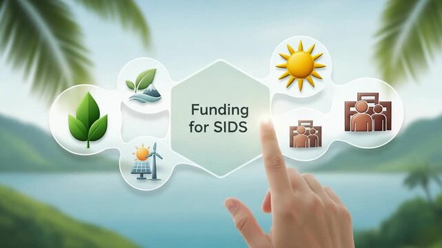Finger touching funding for sids icon with palm trees and mountain lake in the background view