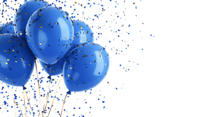 Birthday party invitation card clipart with floating blue balloons and confetti isolated on transparent background 