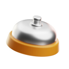 Shiny metal service bell on orange base; ideal for hotel reception or front desk.