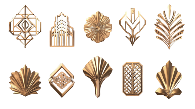 Collection of geometric art deco ornaments in golden decorative line style styled as a 3D render with subtle shadows and smooth matte textures isolated on transparent background 