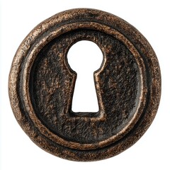 Antique brass keyhole in round plate on white background