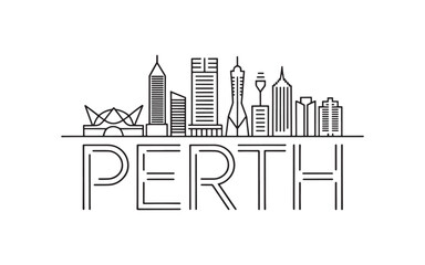 Obraz premium Monochromatic Line Art Depicting the Perth Skyline with City Name in Block Letters Creating a Modern Minimalist Design