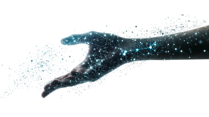 Futuristic digital interface with a hand interacting with glowing data particles on a virtual surface. isolated on transparent background