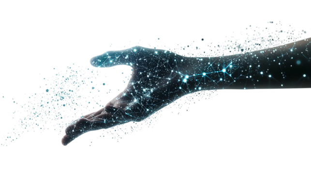 Futuristic digital interface with a hand interacting with glowing data particles on a virtual surface. isolated on transparent background  - Powered by Adobe