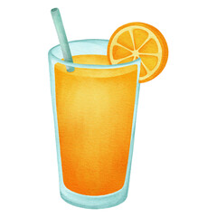 Refreshing watercolor orange juice in a glass with straw and orange slice. Fun and bright design for food clipart, kids’ projects, recipe cards, and healthy lifestyle illustrations.