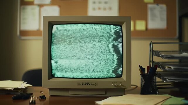 Vintage CRT Monitor Displaying Static and White Noise on an Office Desk